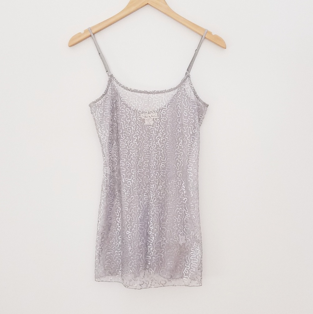 Long sheer gray silver sequin tank top small